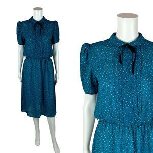 Vintage 80s Turquoise Dress Womens Medium Printed Sheer Printed Peter Pan Collar